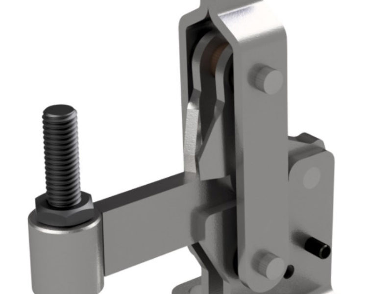 Silver toggle clamp bar unit in the open position with a Blue grip attached.