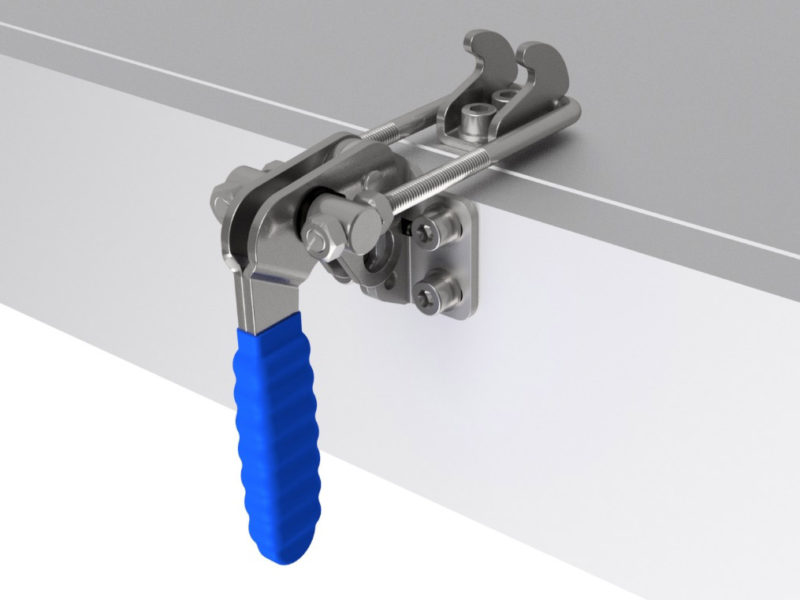 Example of vertical hook clamp in use to hold two panels flush together, this has a Sandfield Engineering Blue grip attached.