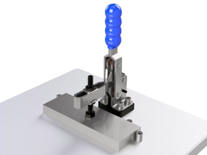 A vertical Toggle clamp in use holding material against a baseplate, with a blue plastic grip.
