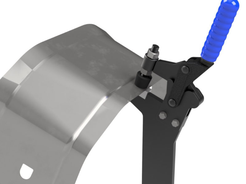 Close up of a toggle glamp tower in use holding a sheet of metal with a blue Sandfield Engineering branded grip.